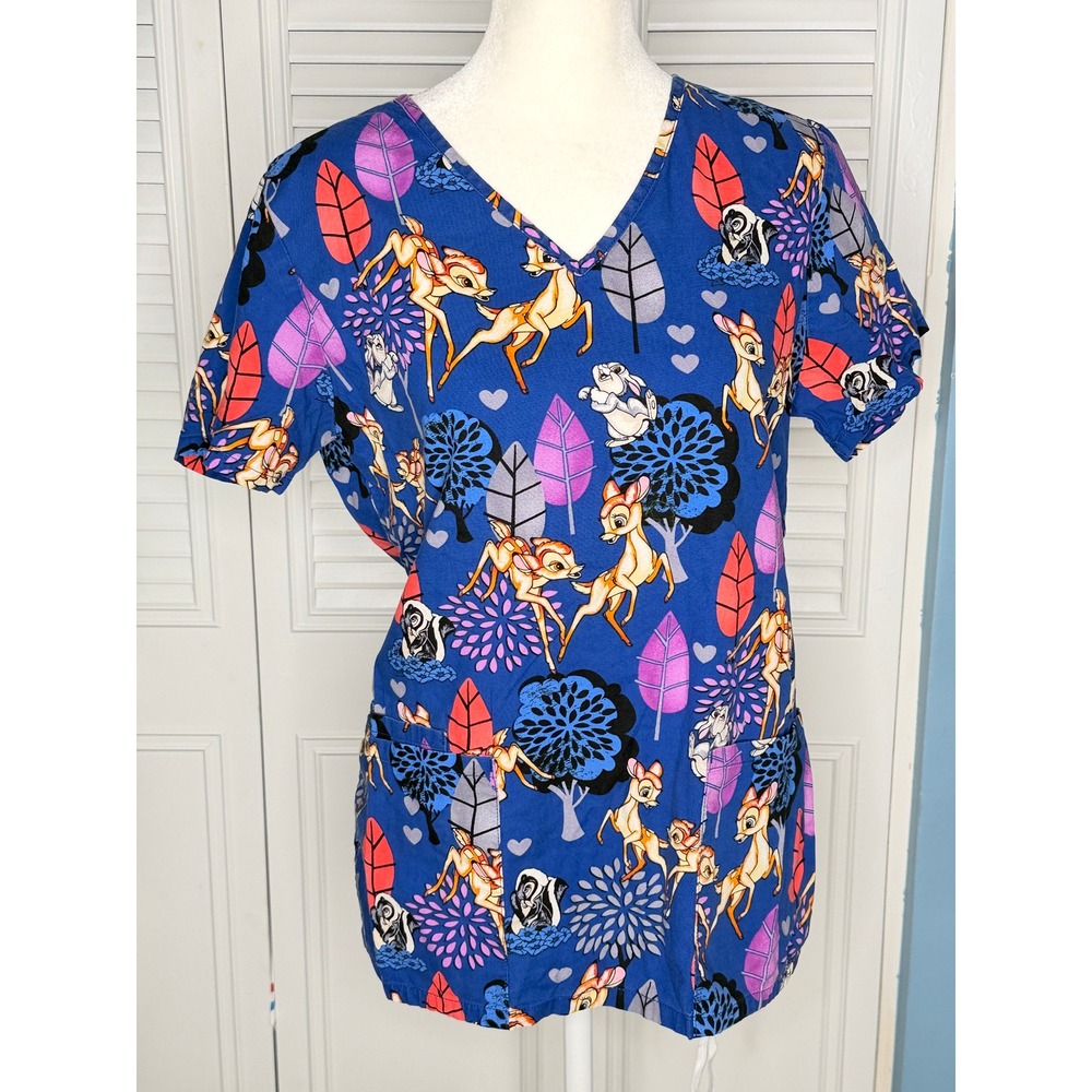 Disney Scrub Top Women Small Blue Excellent Bambi Flower Thumper V-Neck Pockets